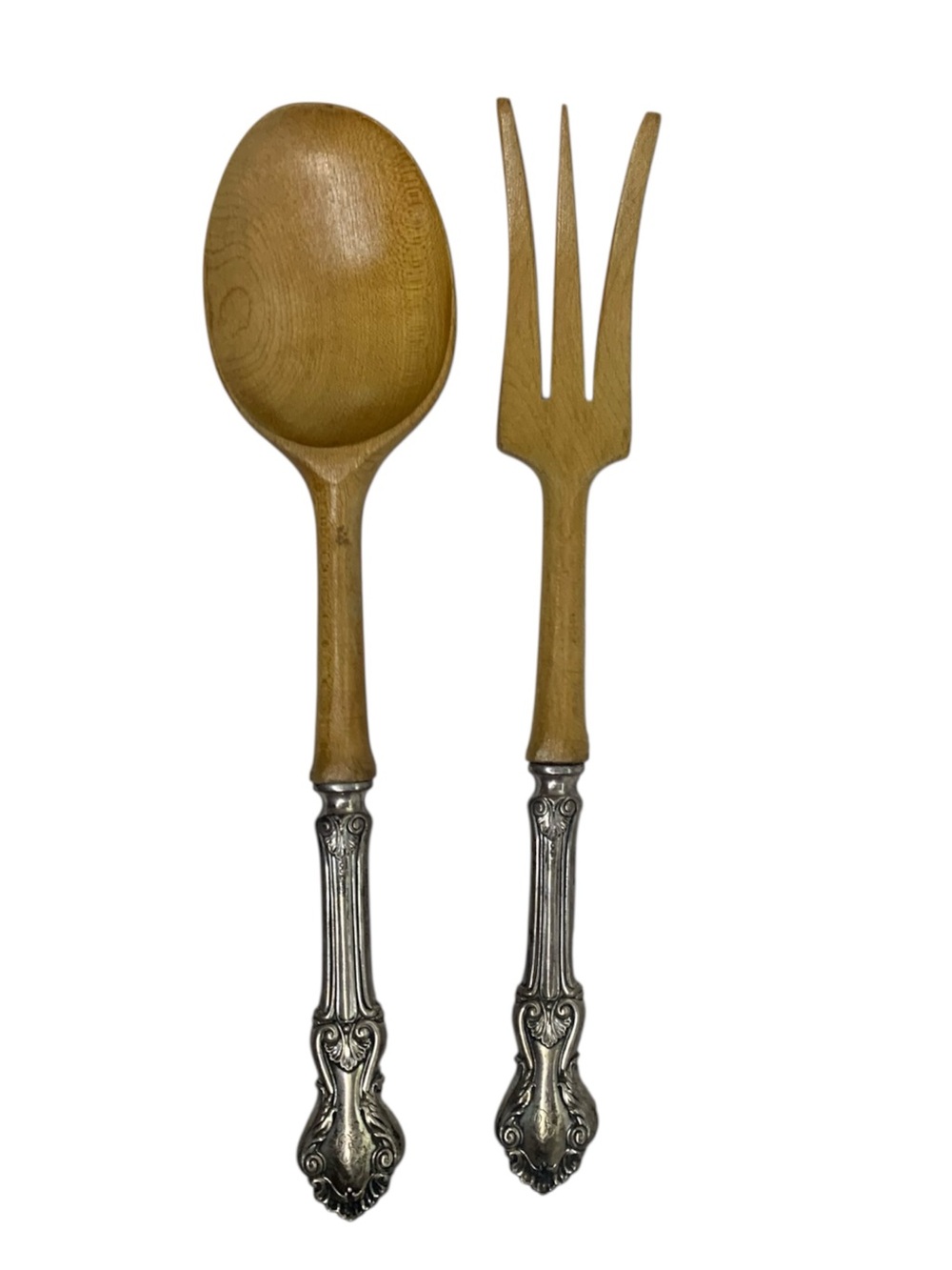 Georgian Shell F. Whiting Sterling Silver & Olive Wood Salad Set